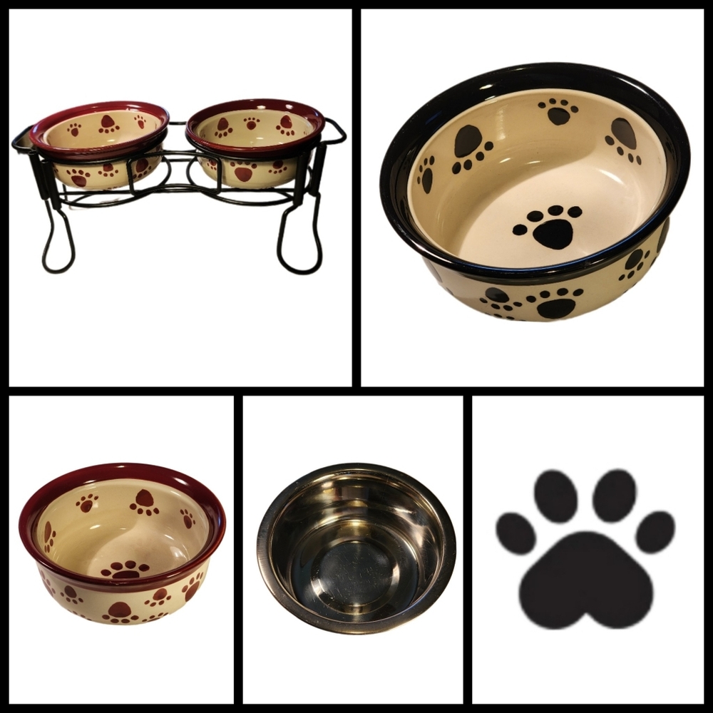 6-Pc Wrought Iron Pet Feeder w/ 4 Ceramic Pawprint Bowls & 1 Stainless Steel